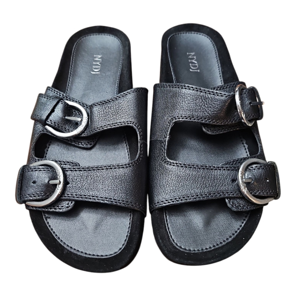 NYDJ Black Buckle Slide Sandals In Distressed Goat Size 6 NIB